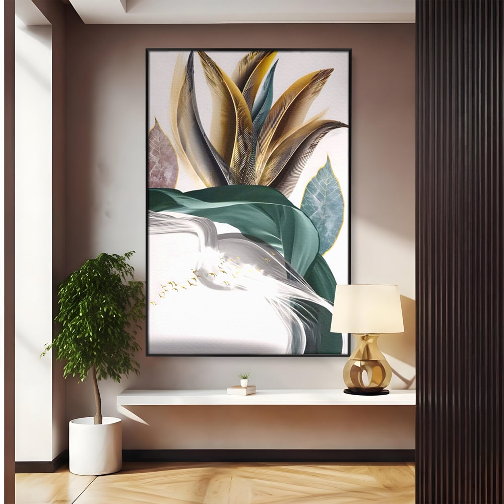 Tablou Canvas Premium LuxCanva® A1500, Green Leaf , Decorativ, Dormitor, Frunza, Pasari, Val, Living, Culori Vibrante