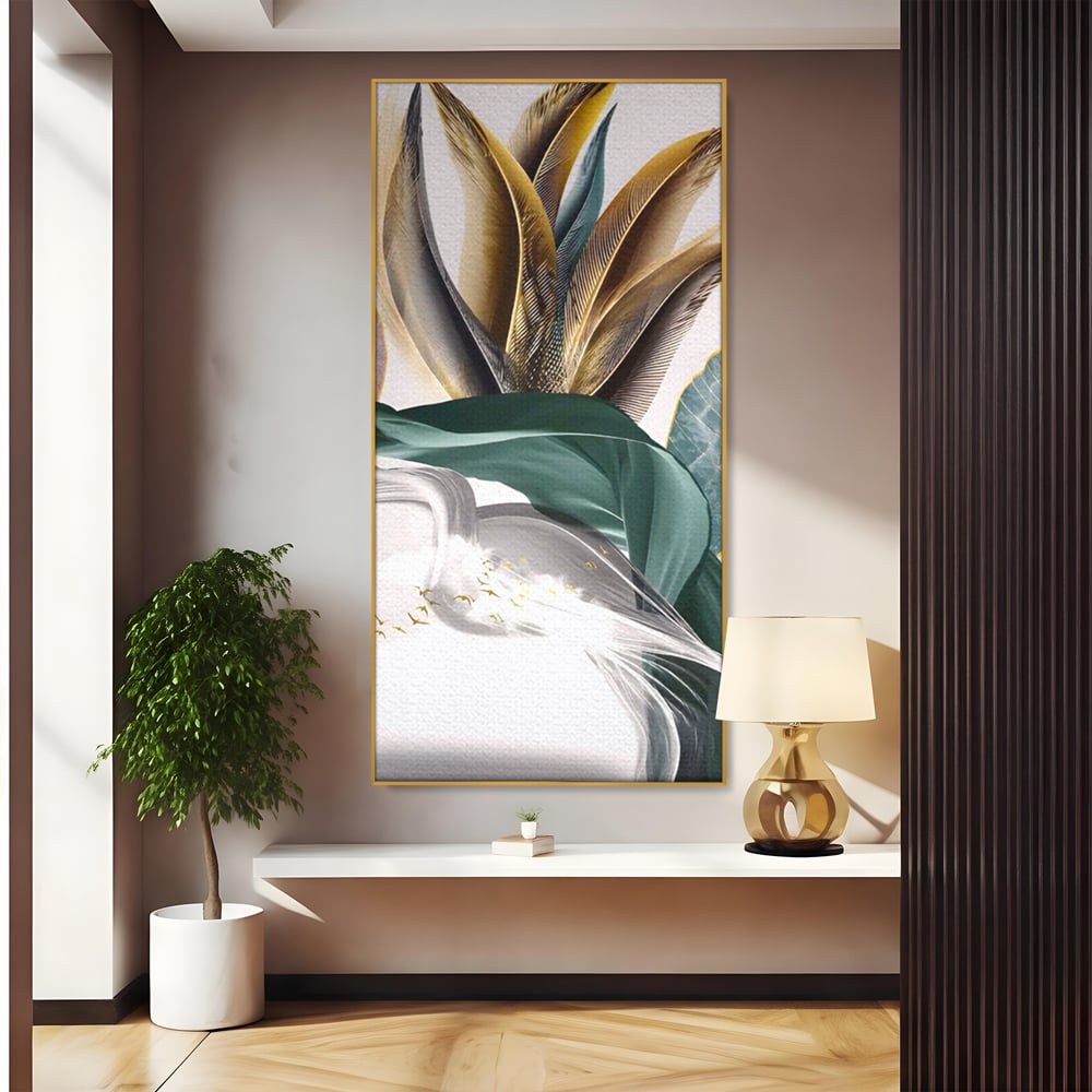 Tablou Canvas Premium LuxCanva® A1500, Green Leaf , Decorativ, Dormitor, Frunza, Pasari, Val, Living, Culori Vibrante