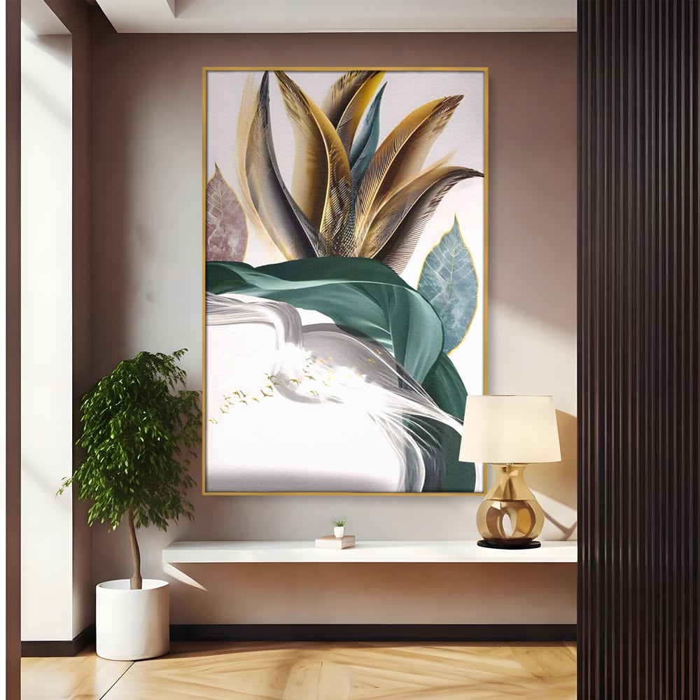 Tablou Canvas Premium LuxCanva® A1500, Green Leaf , Decorativ, Dormitor, Frunza, Pasari, Val, Living, Culori Vibrante