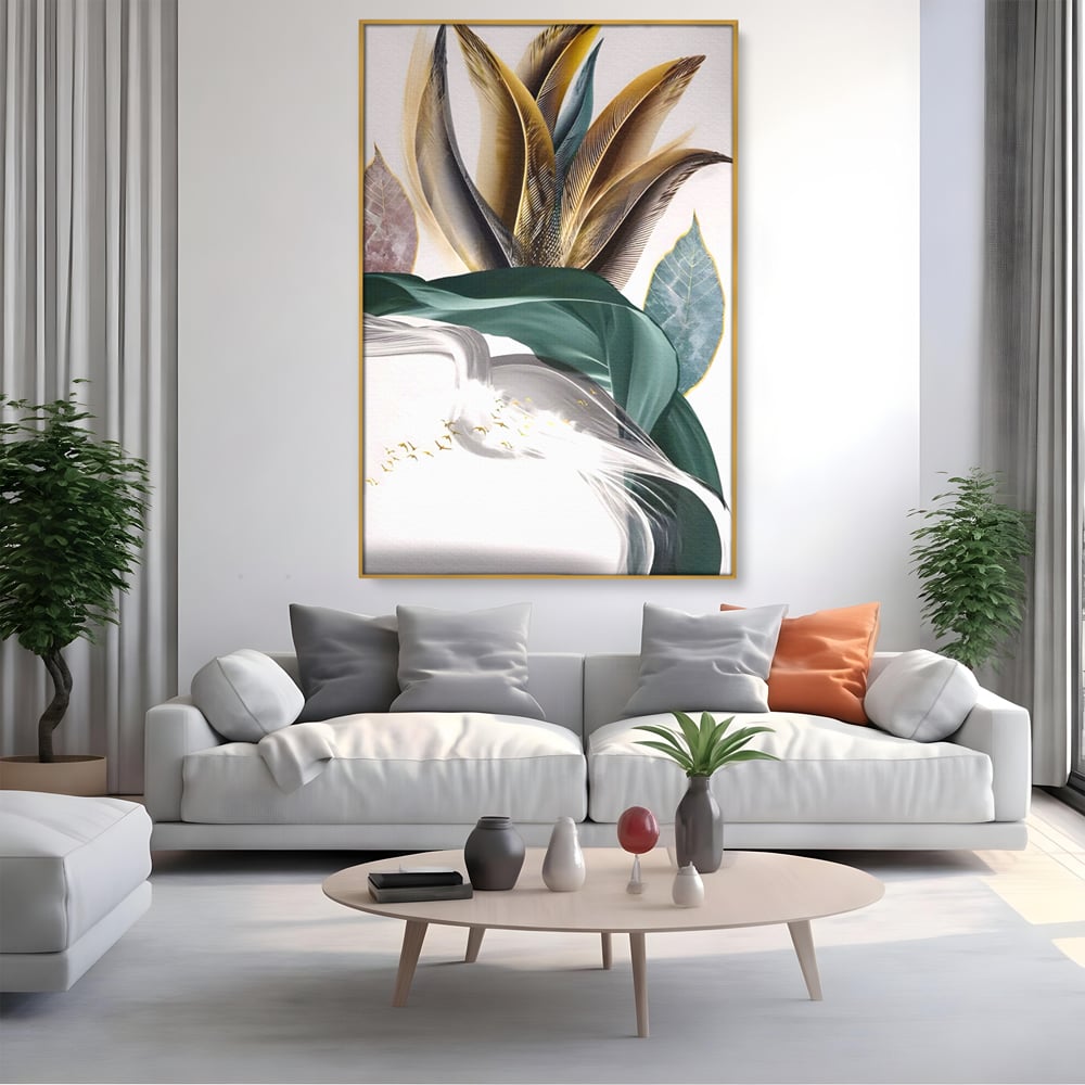 Tablou Canvas Premium LuxCanva® A1500, Green Leaf , Decorativ, Dormitor, Frunza, Pasari, Val, Living, Culori Vibrante