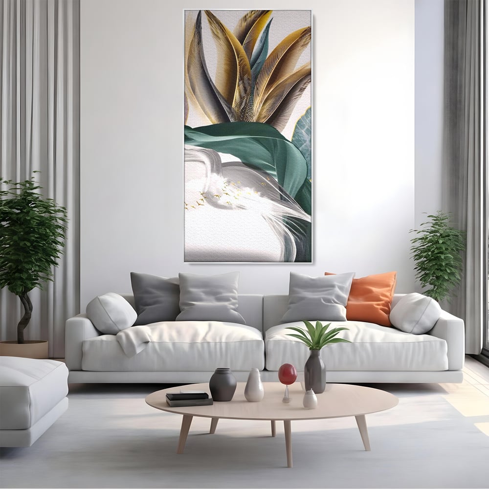 Tablou Canvas Premium LuxCanva® A1500, Green Leaf , Decorativ, Dormitor, Frunza, Pasari, Val, Living, Culori Vibrante