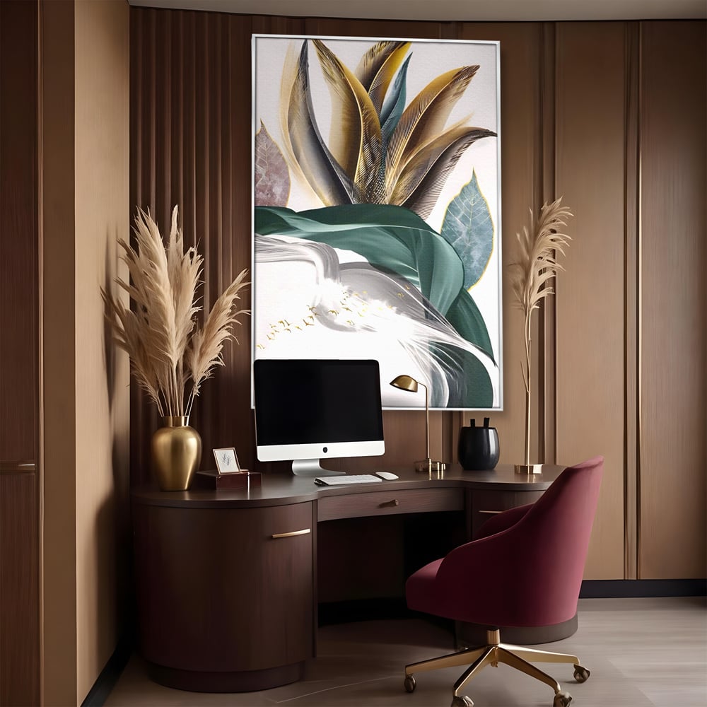 Tablou Canvas Premium LuxCanva® A1500, Green Leaf , Decorativ, Dormitor, Frunza, Pasari, Val, Living, Culori Vibrante