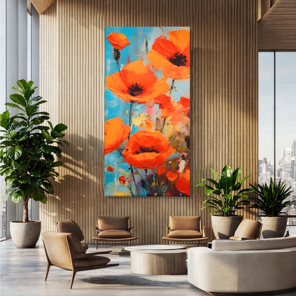 Tablou Canvas Premium LuxCanva® A1501, Orange Poppies , Decorativ, Flori, Campie, Natura, Rosu, Living, Culori Vibrante