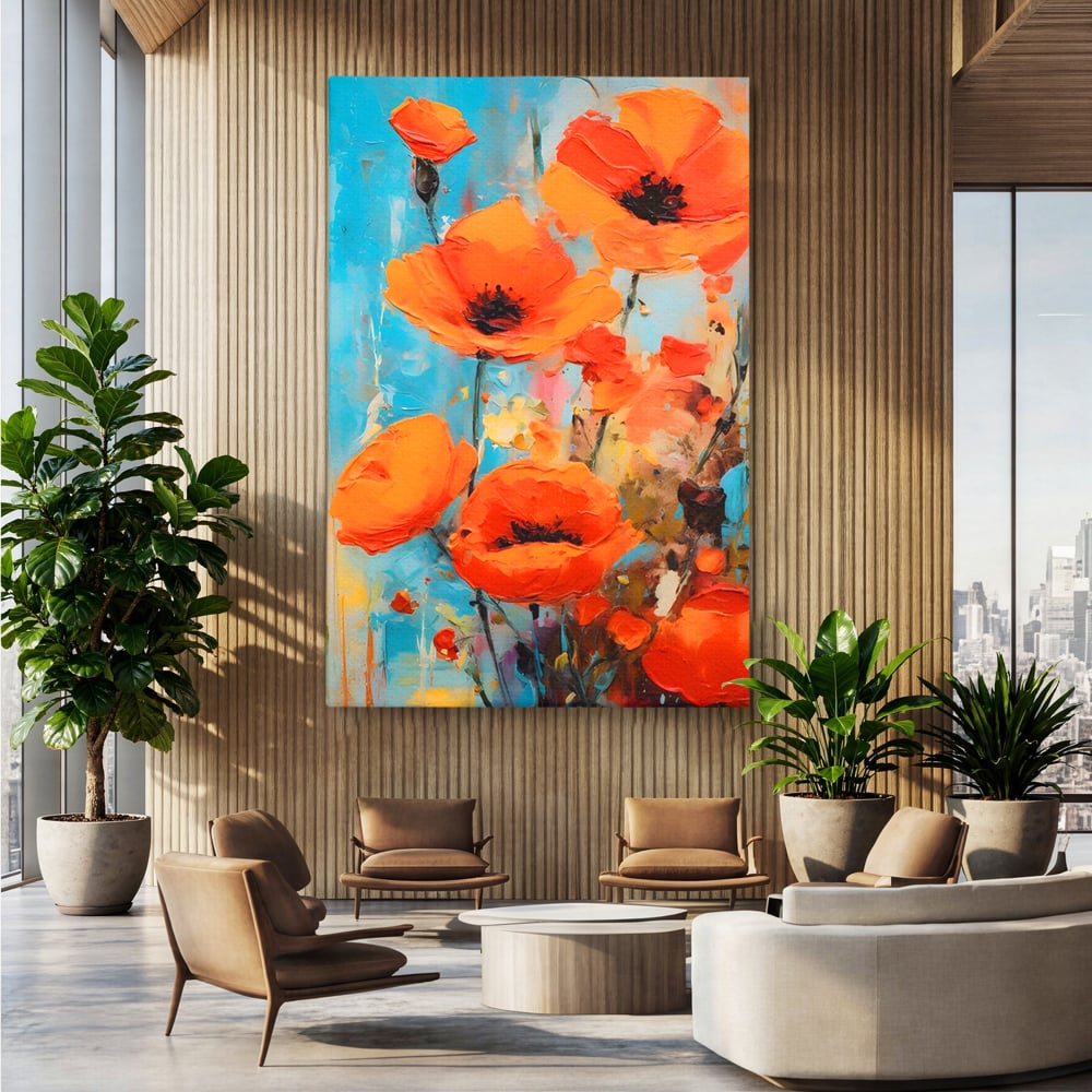 Tablou Canvas Premium LuxCanva® A1501, Orange Poppies , Decorativ, Flori, Campie, Natura, Rosu, Living, Culori Vibrante