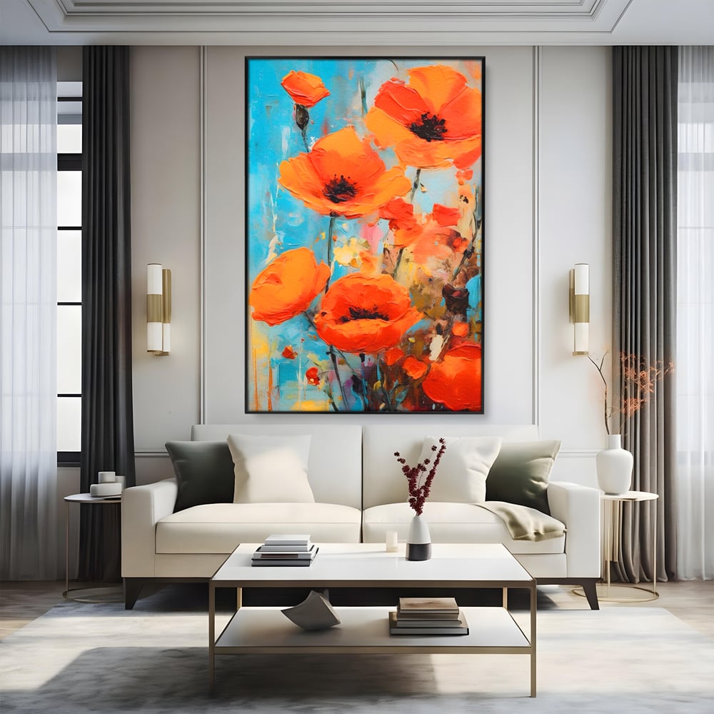Tablou Canvas Premium LuxCanva® A1501, Orange Poppies , Decorativ, Flori, Campie, Natura, Rosu, Living, Culori Vibrante
