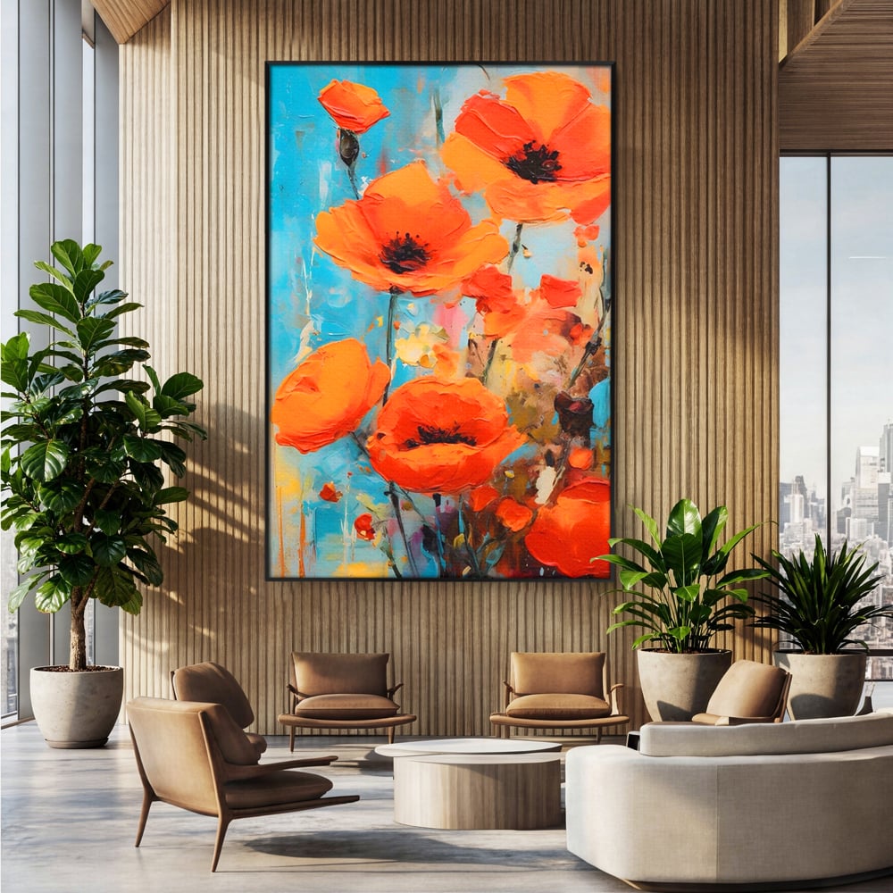 Tablou Canvas Premium LuxCanva® A1501, Orange Poppies , Decorativ, Flori, Campie, Natura, Rosu, Living, Culori Vibrante