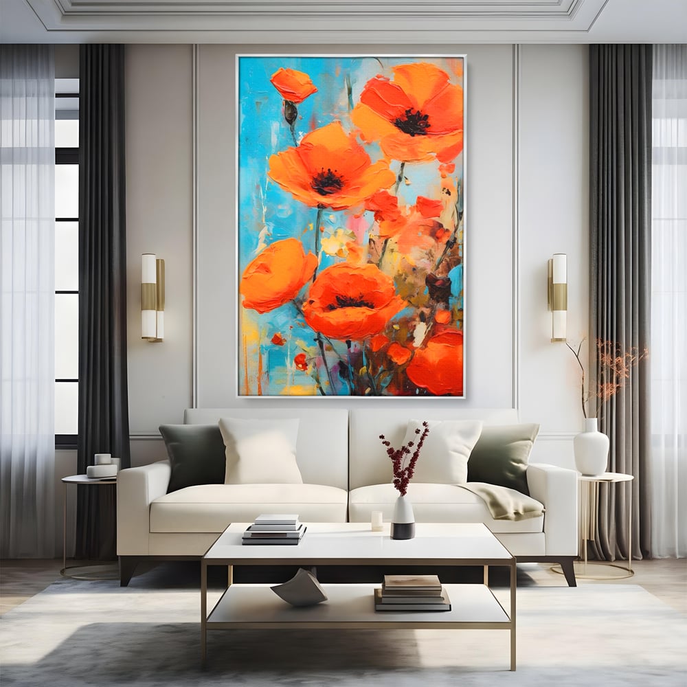 Tablou Canvas Premium LuxCanva® A1501, Orange Poppies , Decorativ, Flori, Campie, Natura, Rosu, Living, Culori Vibrante