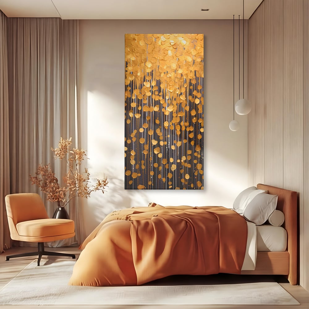 Tablou Canvas Premium LuxCanva® A1507, Ploaie De Lumini , Perdea Luminata, Auriu, Abstract, Decorativ, Room, Culori Vibrante