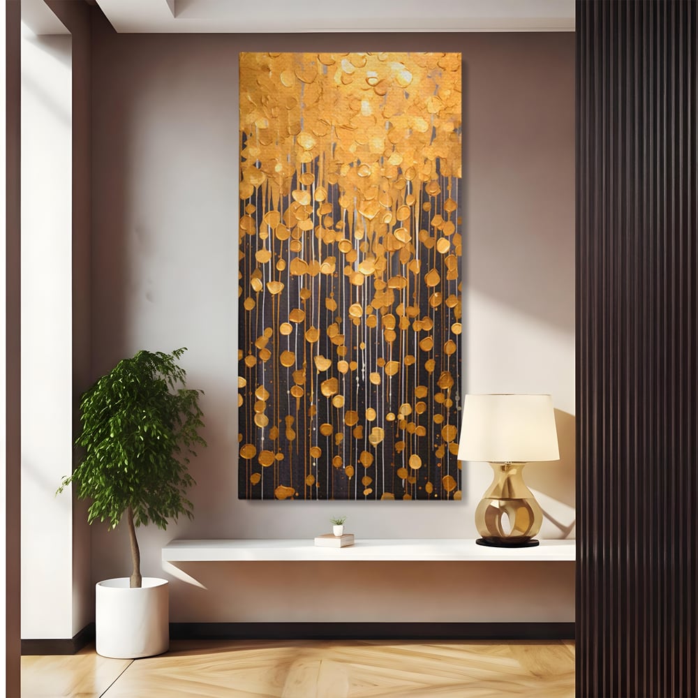 Tablou Canvas Premium LuxCanva® A1507, Ploaie De Lumini , Perdea Luminata, Auriu, Abstract, Decorativ, Room, Culori Vibrante
