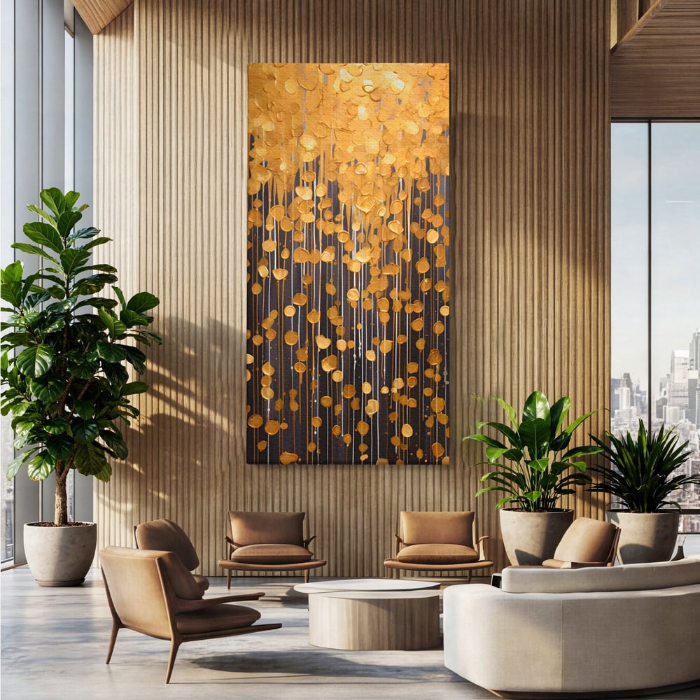 Tablou Canvas Premium LuxCanva® A1507, Ploaie De Lumini , Perdea Luminata, Auriu, Abstract, Decorativ, Room, Culori Vibrante