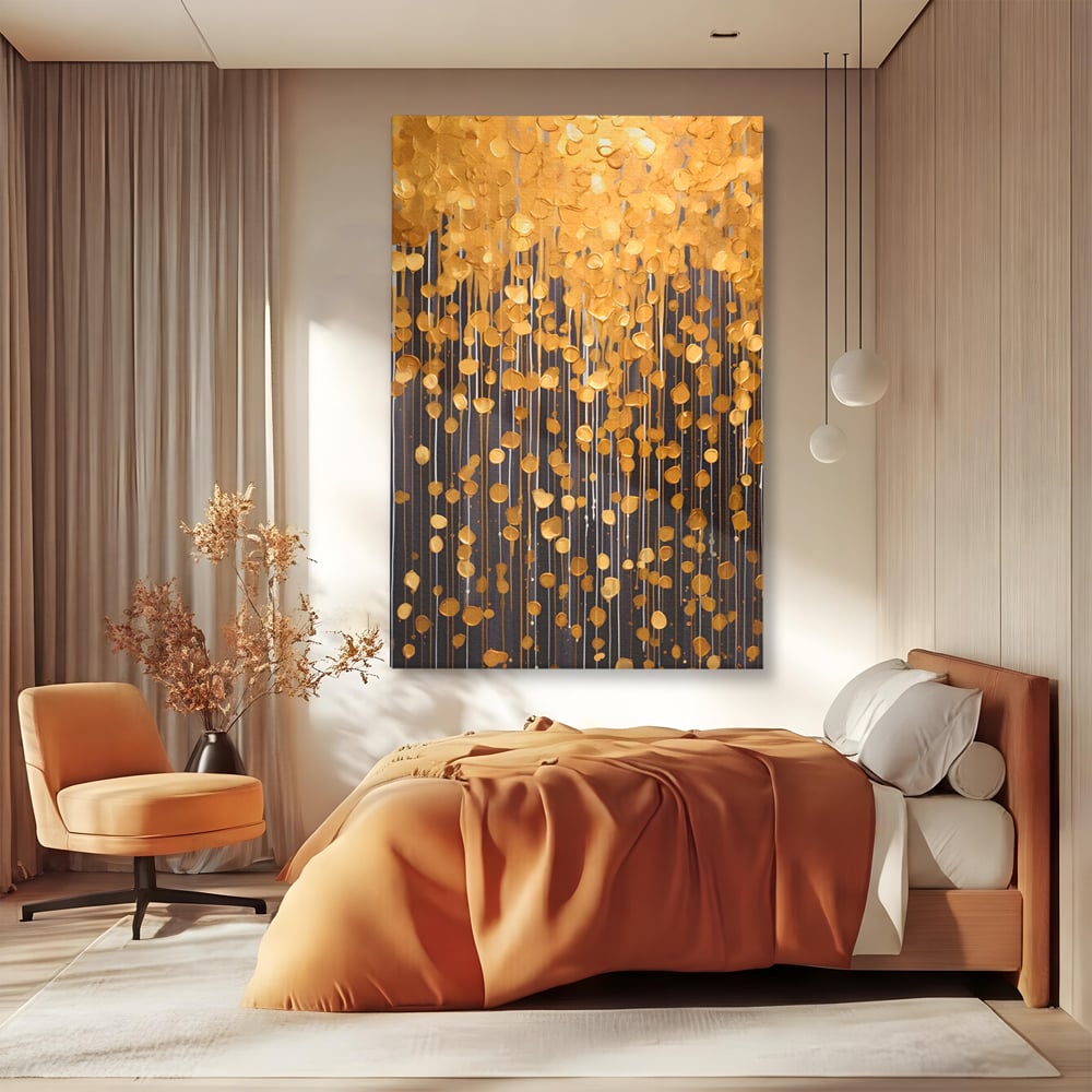 Tablou Canvas Premium LuxCanva® A1507, Ploaie De Lumini , Perdea Luminata, Auriu, Abstract, Decorativ, Room, Culori Vibrante