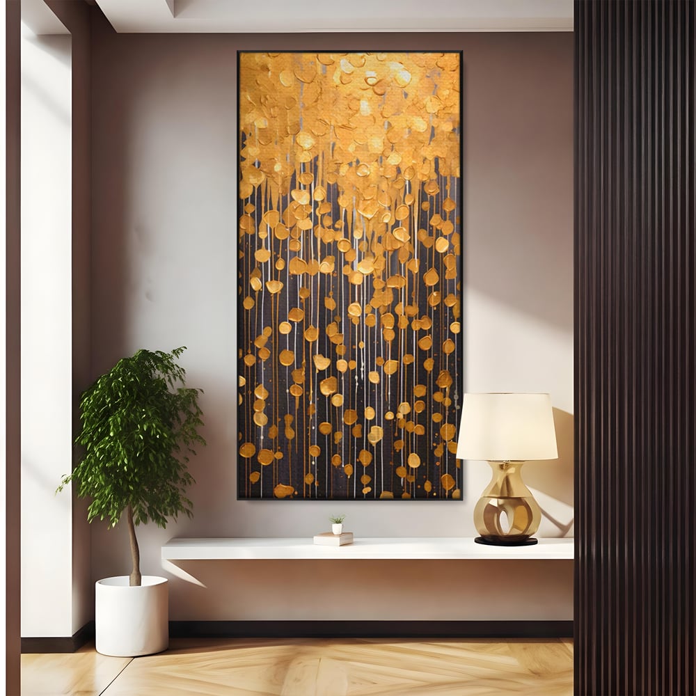 Tablou Canvas Premium LuxCanva® A1507, Ploaie De Lumini , Perdea Luminata, Auriu, Abstract, Decorativ, Room, Culori Vibrante