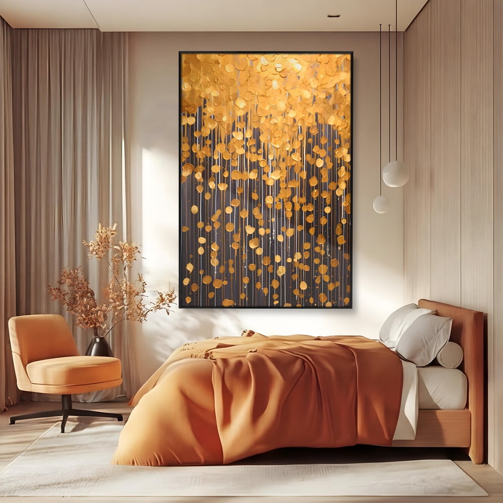 Tablou Canvas Premium LuxCanva® A1507, Ploaie De Lumini , Perdea Luminata, Auriu, Abstract, Decorativ, Room, Culori Vibrante