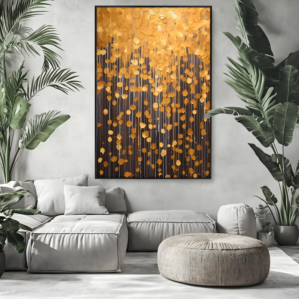 Tablou Canvas Premium LuxCanva® A1507, Ploaie De Lumini , Perdea Luminata, Auriu, Abstract, Decorativ, Room, Culori Vibrante