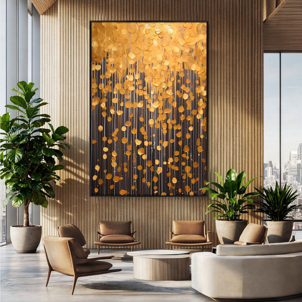 Tablou Canvas Premium LuxCanva® A1507, Ploaie De Lumini , Perdea Luminata, Auriu, Abstract, Decorativ, Room, Culori Vibrante