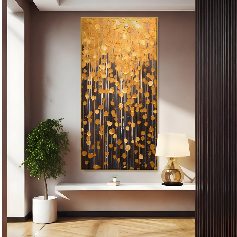 Tablou Canvas Premium LuxCanva® A1507, Ploaie De Lumini , Perdea Luminata, Auriu, Abstract, Decorativ, Room, Culori Vibrante