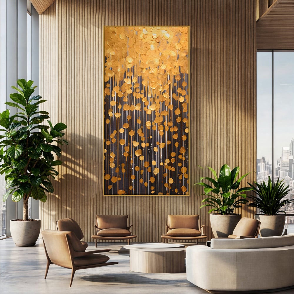 Tablou Canvas Premium LuxCanva® A1507, Ploaie De Lumini , Perdea Luminata, Auriu, Abstract, Decorativ, Room, Culori Vibrante