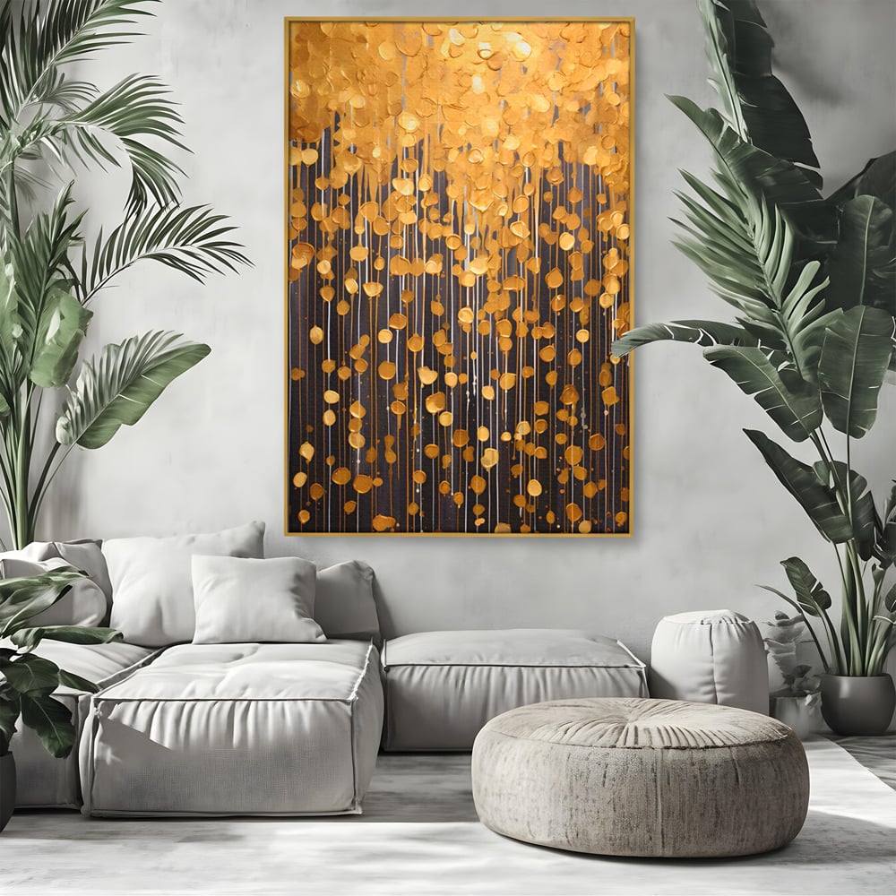 Tablou Canvas Premium LuxCanva® A1507, Ploaie De Lumini , Perdea Luminata, Auriu, Abstract, Decorativ, Room, Culori Vibrante
