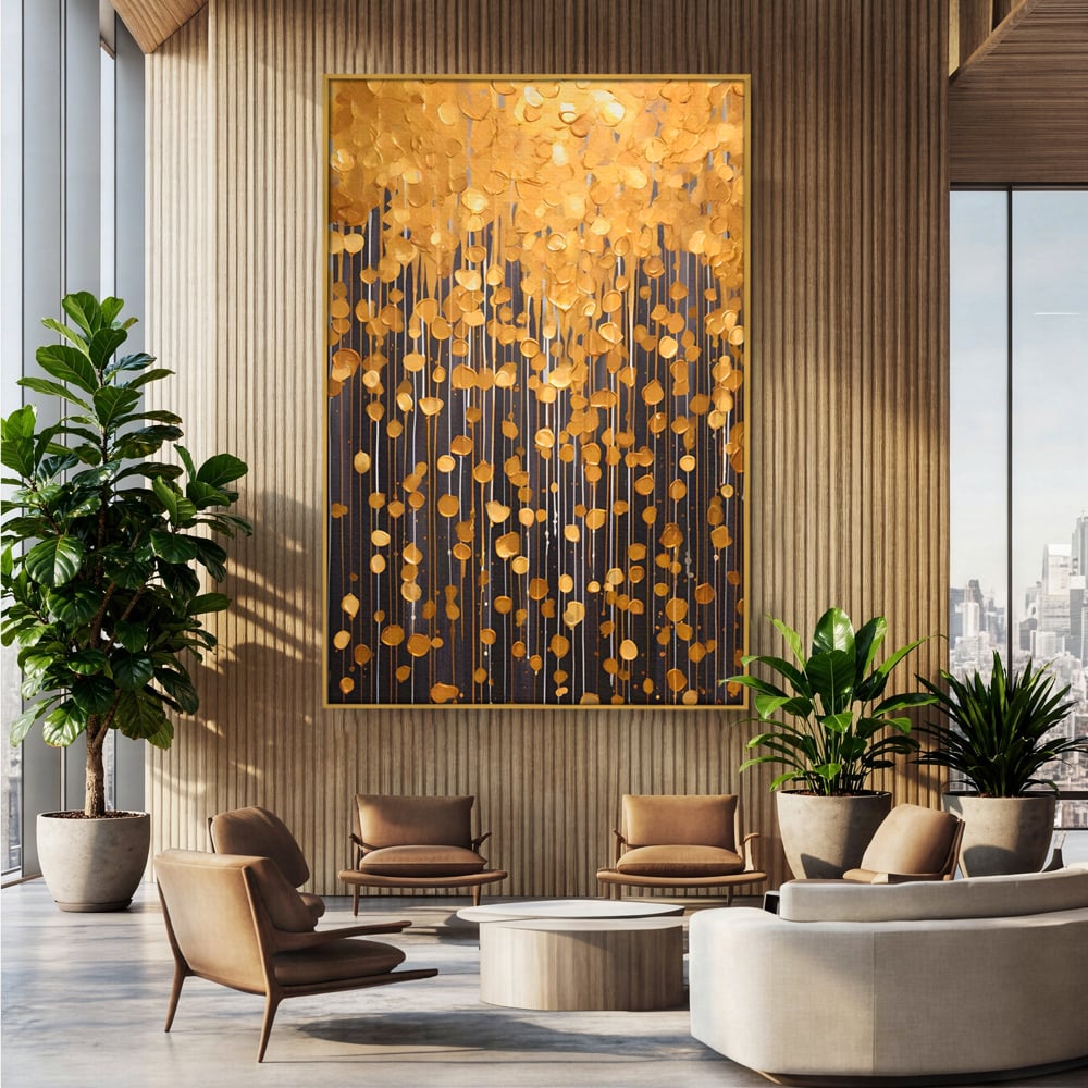 Tablou Canvas Premium LuxCanva® A1507, Ploaie De Lumini , Perdea Luminata, Auriu, Abstract, Decorativ, Room, Culori Vibrante