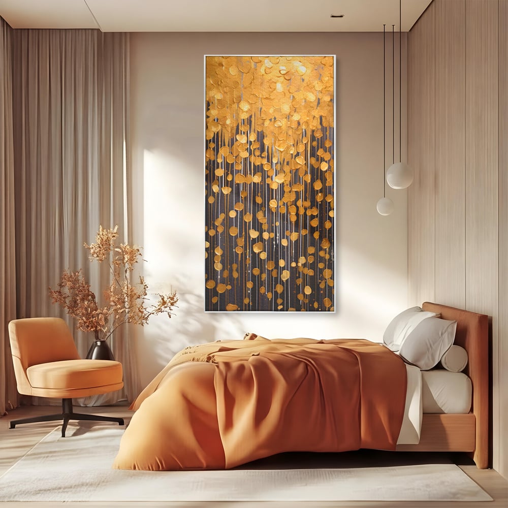 Tablou Canvas Premium LuxCanva® A1507, Ploaie De Lumini , Perdea Luminata, Auriu, Abstract, Decorativ, Room, Culori Vibrante