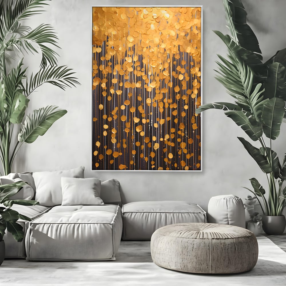 Tablou Canvas Premium LuxCanva® A1507, Ploaie De Lumini , Perdea Luminata, Auriu, Abstract, Decorativ, Room, Culori Vibrante