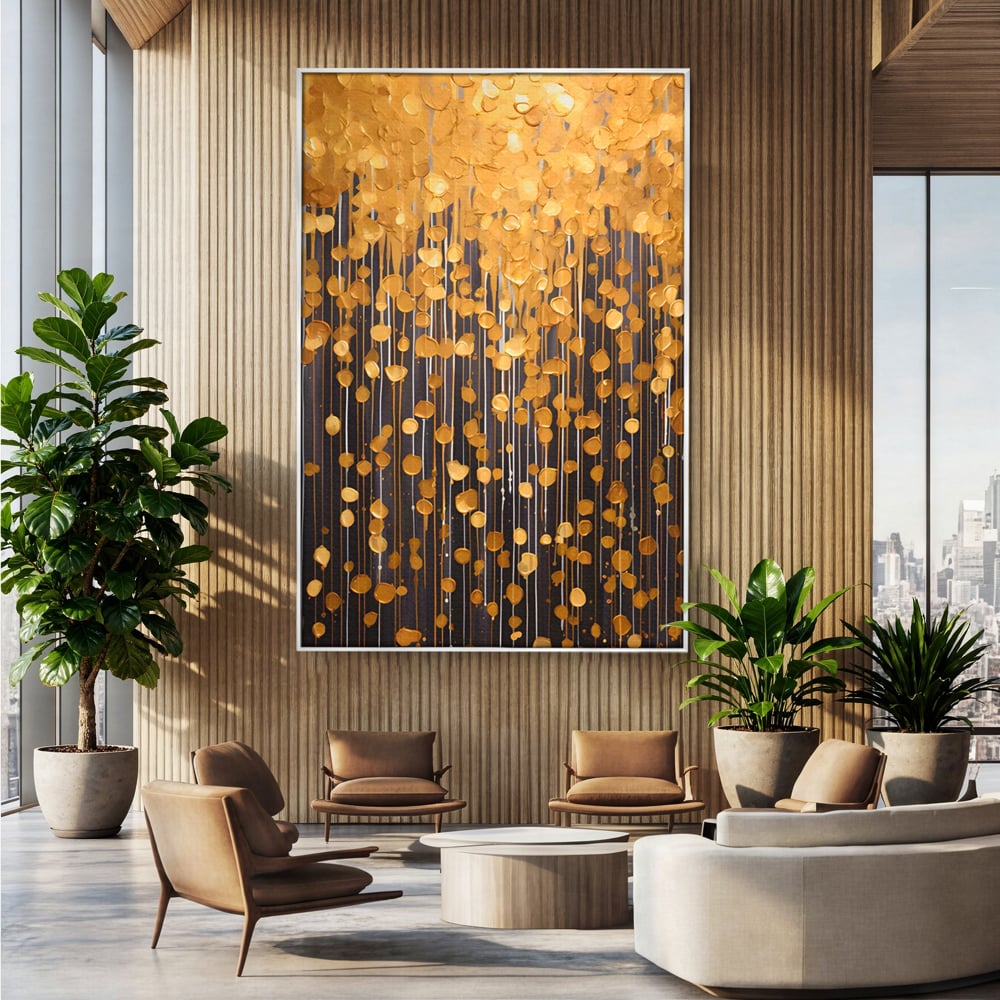 Tablou Canvas Premium LuxCanva® A1507, Ploaie De Lumini , Perdea Luminata, Auriu, Abstract, Decorativ, Room, Culori Vibrante