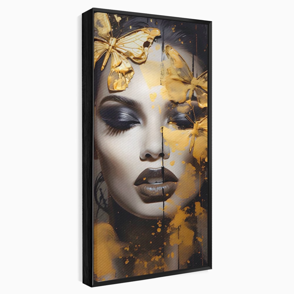 Tablou Canvas Premium LuxCanva® A1509, Butterfly And Girl , Fluturi, Frumusete, Insecte, Auriu, Decorativ, Room, Culori Vibrante