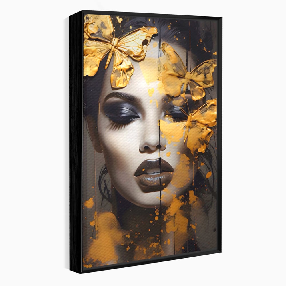 Tablou Canvas Premium LuxCanva® A1509, Butterfly And Girl , Fluturi, Frumusete, Insecte, Auriu, Decorativ, Room, Culori Vibrante