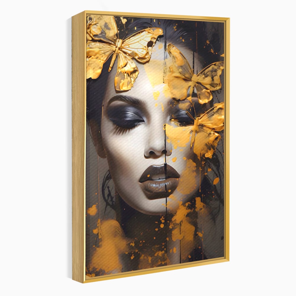 Tablou Canvas Premium LuxCanva® A1509, Butterfly And Girl , Fluturi, Frumusete, Insecte, Auriu, Decorativ, Room, Culori Vibrante