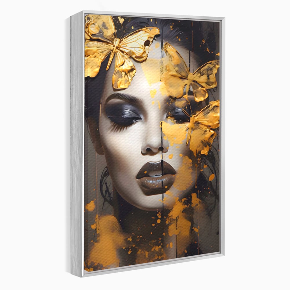 Tablou Canvas Premium LuxCanva® A1509, Butterfly And Girl , Fluturi, Frumusete, Insecte, Auriu, Decorativ, Room, Culori Vibrante