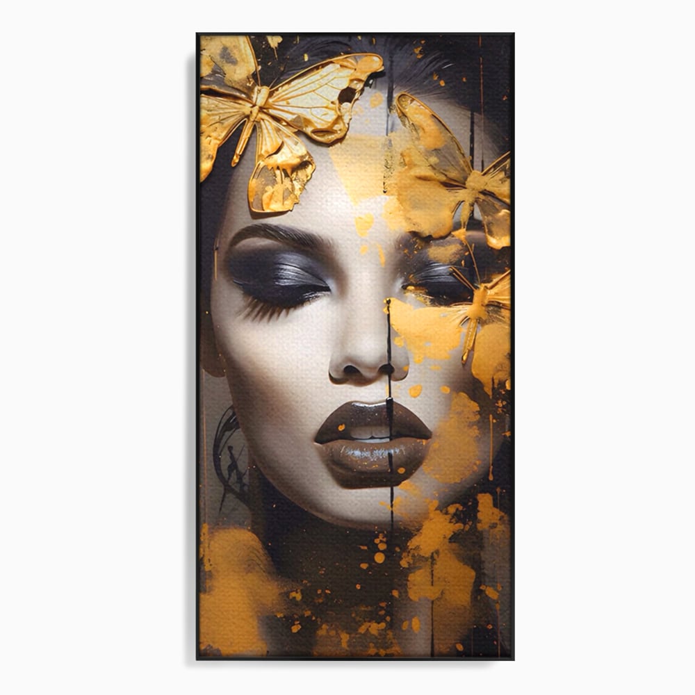Tablou Canvas Premium LuxCanva® A1509, Butterfly And Girl , Fluturi, Frumusete, Insecte, Auriu, Decorativ, Room, Culori Vibrante