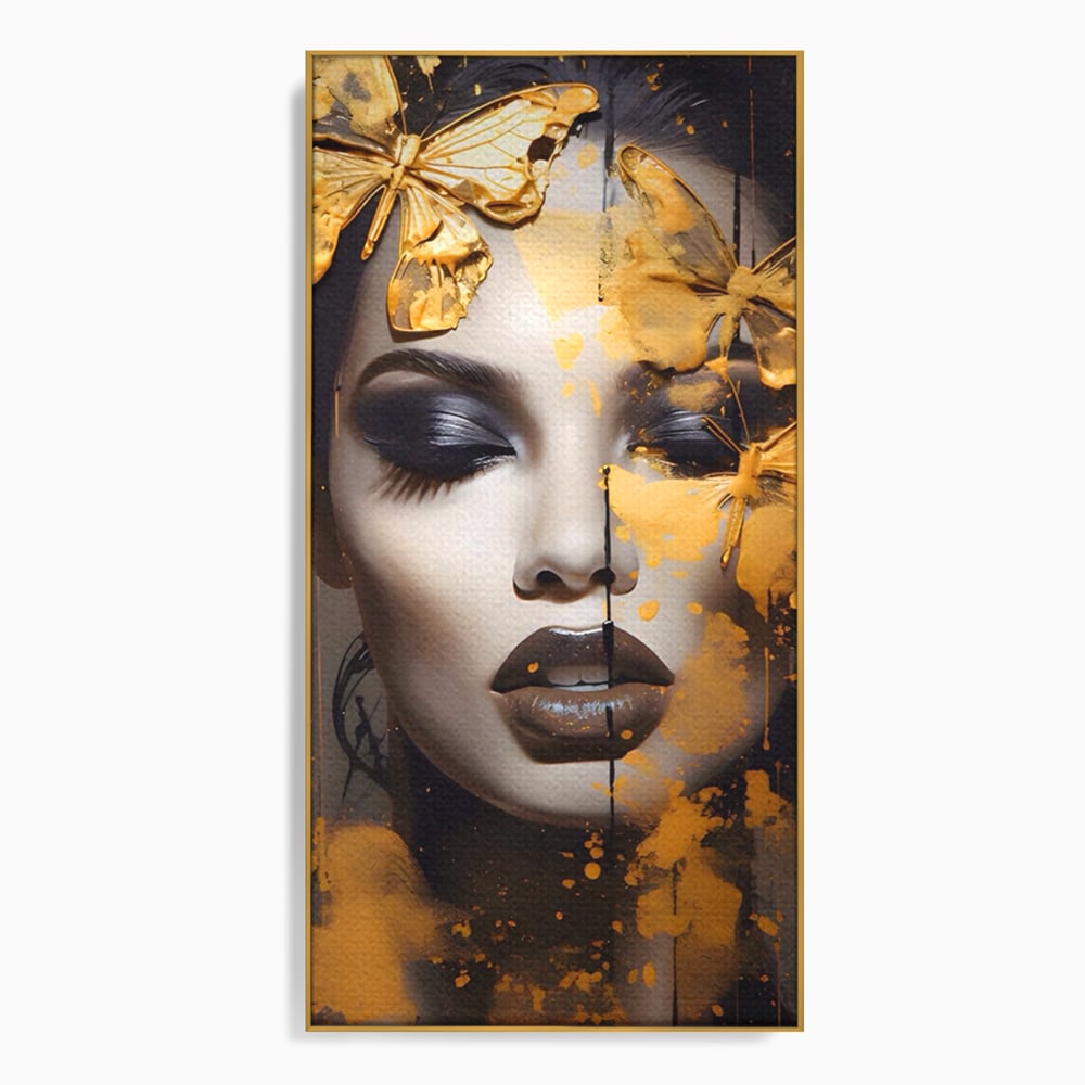 Tablou Canvas Premium LuxCanva® A1509, Butterfly And Girl , Fluturi, Frumusete, Insecte, Auriu, Decorativ, Room, Culori Vibrante