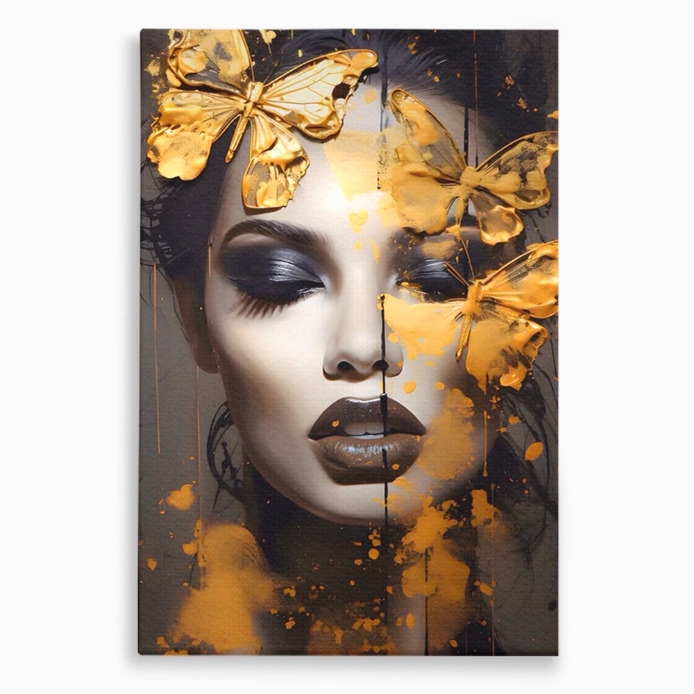 Tablou Canvas Premium LuxCanva® A1509, Butterfly And Girl , Fluturi, Frumusete, Insecte, Auriu, Decorativ, Room, Culori Vibrante
