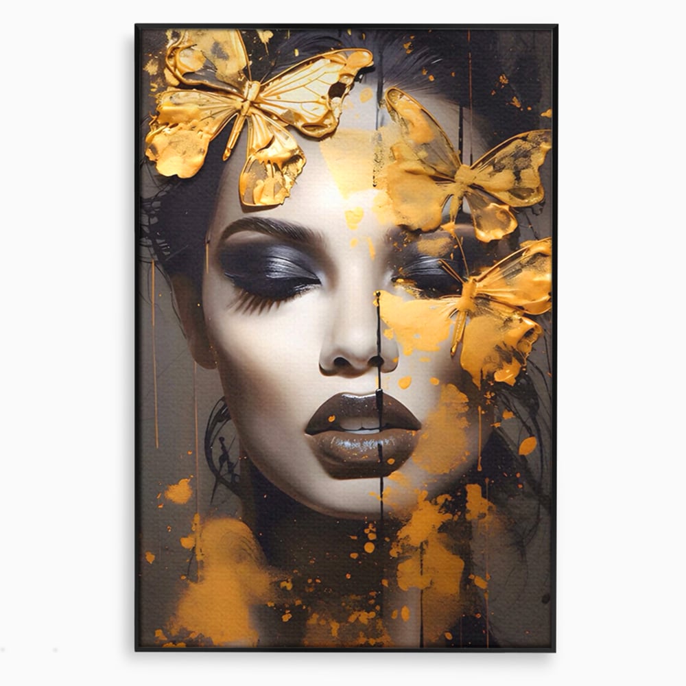 Tablou Canvas Premium LuxCanva® A1509, Butterfly And Girl , Fluturi, Frumusete, Insecte, Auriu, Decorativ, Room, Culori Vibrante