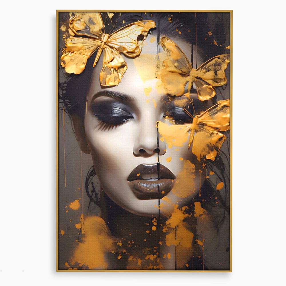 Tablou Canvas Premium LuxCanva® A1509, Butterfly And Girl , Fluturi, Frumusete, Insecte, Auriu, Decorativ, Room, Culori Vibrante