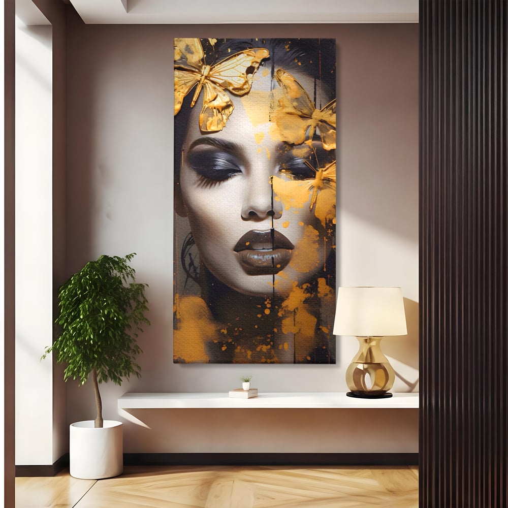 Tablou Canvas Premium LuxCanva® A1509, Butterfly And Girl , Fluturi, Frumusete, Insecte, Auriu, Decorativ, Room, Culori Vibrante