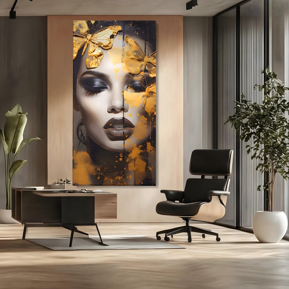 Tablou Canvas Premium LuxCanva® A1509, Butterfly And Girl , Fluturi, Frumusete, Insecte, Auriu, Decorativ, Room, Culori Vibrante