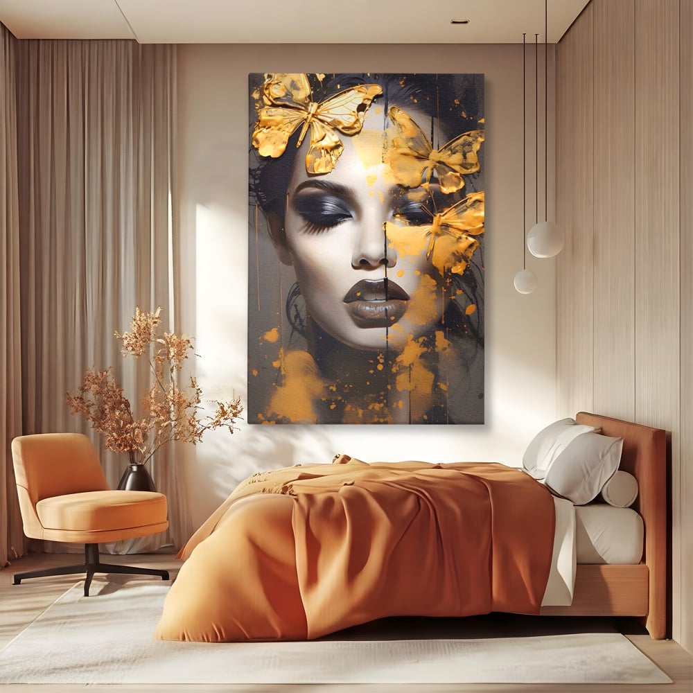 Tablou Canvas Premium LuxCanva® A1509, Butterfly And Girl , Fluturi, Frumusete, Insecte, Auriu, Decorativ, Room, Culori Vibrante