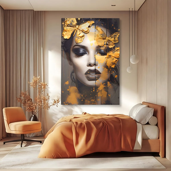 Tablou Canvas Premium LuxCanva® A1509, Butterfly And Girl , Fluturi, Frumusete, Insecte, Auriu, Decorativ, Room, Culori Vibrante