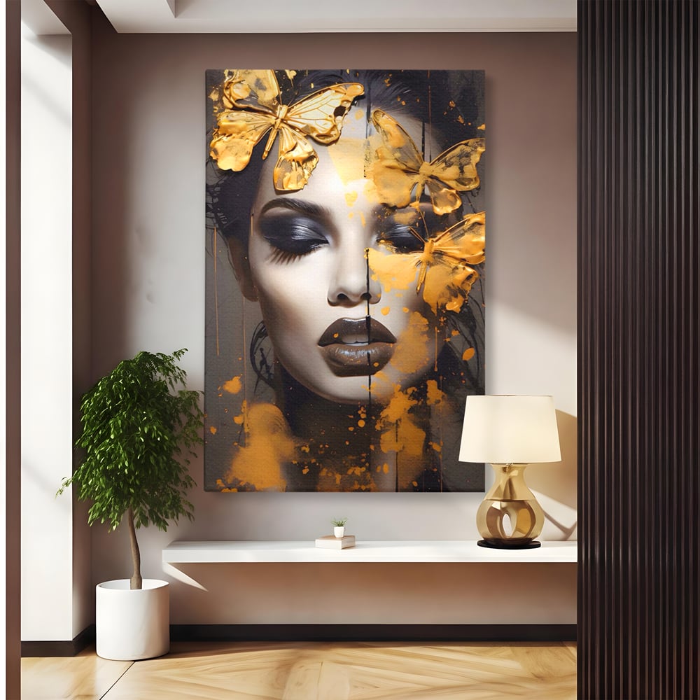 Tablou Canvas Premium LuxCanva® A1509, Butterfly And Girl , Fluturi, Frumusete, Insecte, Auriu, Decorativ, Room, Culori Vibrante
