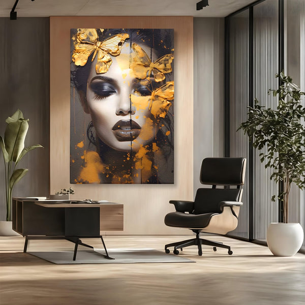 Tablou Canvas Premium LuxCanva® A1509, Butterfly And Girl , Fluturi, Frumusete, Insecte, Auriu, Decorativ, Room, Culori Vibrante