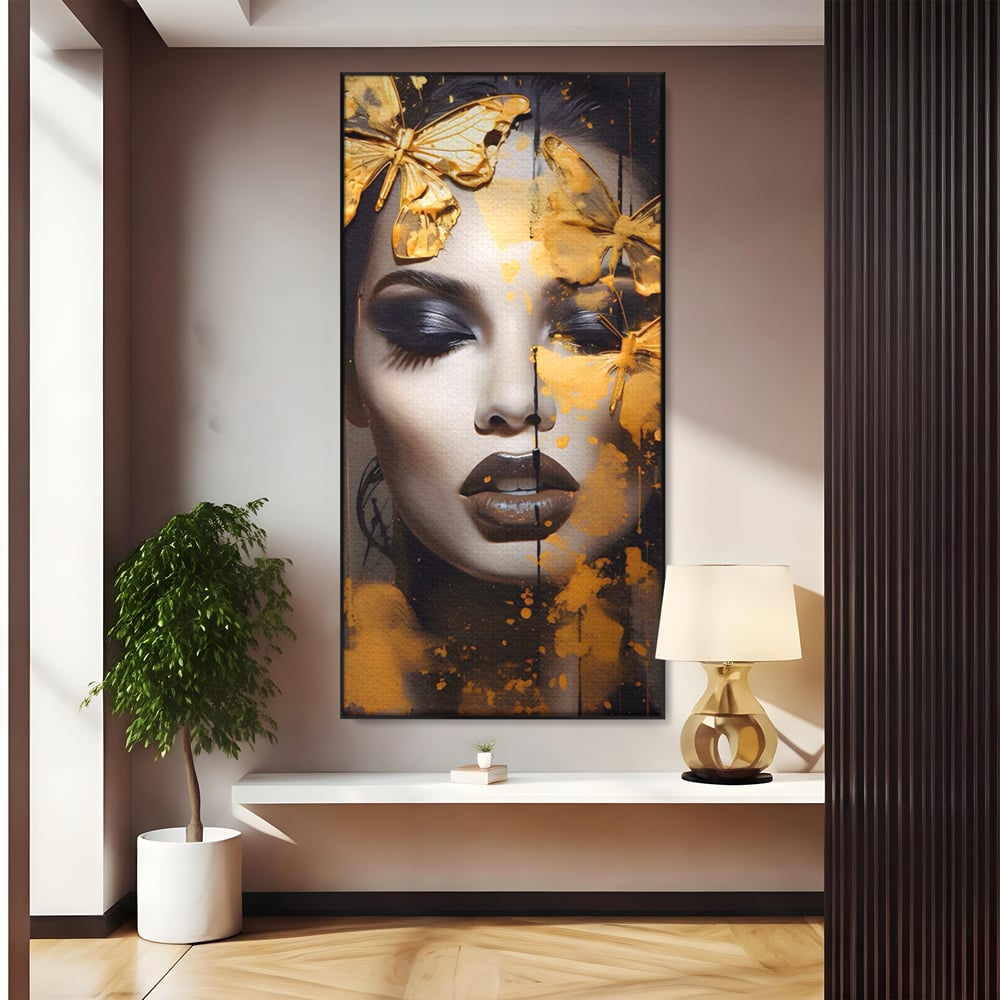 Tablou Canvas Premium LuxCanva® A1509, Butterfly And Girl , Fluturi, Frumusete, Insecte, Auriu, Decorativ, Room, Culori Vibrante