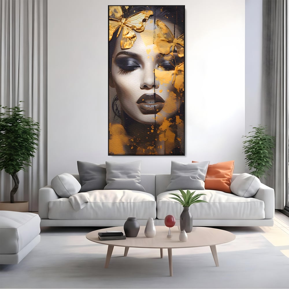 Tablou Canvas Premium LuxCanva® A1509, Butterfly And Girl , Fluturi, Frumusete, Insecte, Auriu, Decorativ, Room, Culori Vibrante