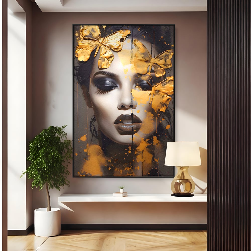 Tablou Canvas Premium LuxCanva® A1509, Butterfly And Girl , Fluturi, Frumusete, Insecte, Auriu, Decorativ, Room, Culori Vibrante
