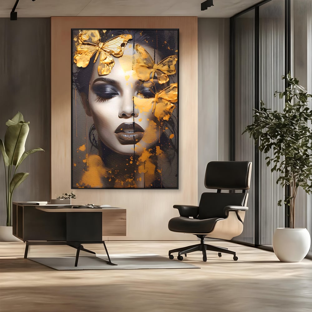 Tablou Canvas Premium LuxCanva® A1509, Butterfly And Girl , Fluturi, Frumusete, Insecte, Auriu, Decorativ, Room, Culori Vibrante