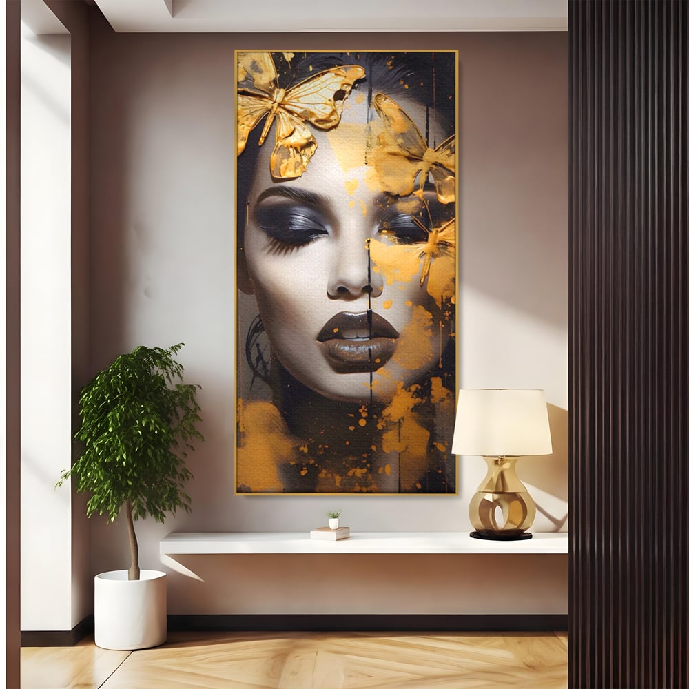 Tablou Canvas Premium LuxCanva® A1509, Butterfly And Girl , Fluturi, Frumusete, Insecte, Auriu, Decorativ, Room, Culori Vibrante