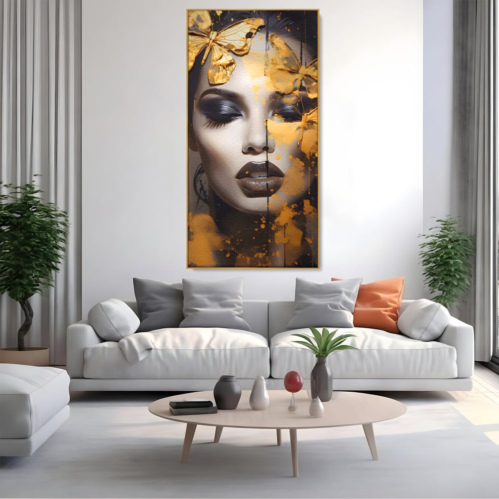 Tablou Canvas Premium LuxCanva® A1509, Butterfly And Girl , Fluturi, Frumusete, Insecte, Auriu, Decorativ, Room, Culori Vibrante