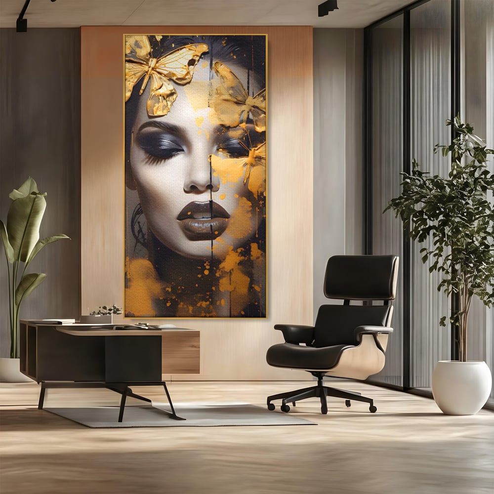 Tablou Canvas Premium LuxCanva® A1509, Butterfly And Girl , Fluturi, Frumusete, Insecte, Auriu, Decorativ, Room, Culori Vibrante