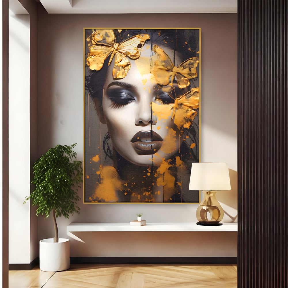 Tablou Canvas Premium LuxCanva® A1509, Butterfly And Girl , Fluturi, Frumusete, Insecte, Auriu, Decorativ, Room, Culori Vibrante