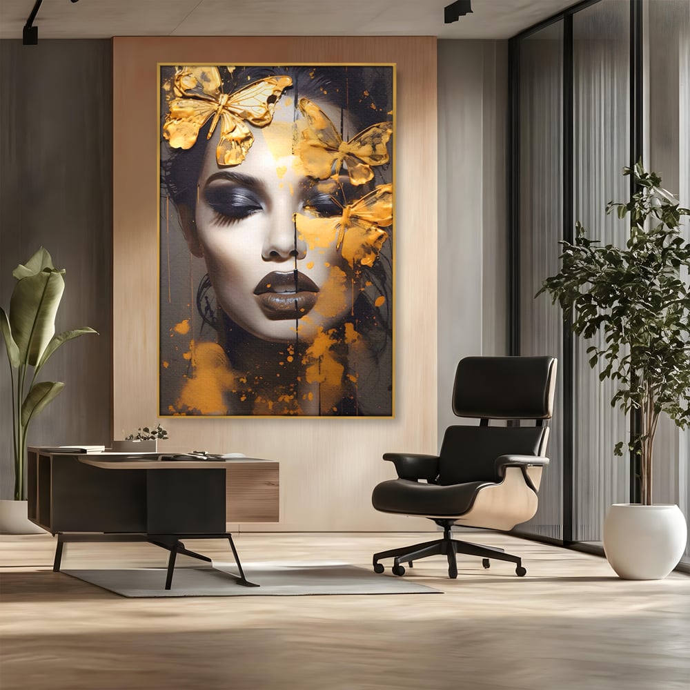 Tablou Canvas Premium LuxCanva® A1509, Butterfly And Girl , Fluturi, Frumusete, Insecte, Auriu, Decorativ, Room, Culori Vibrante